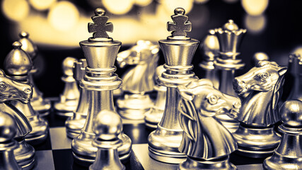 Closeup of chess characters on board games. to represent decision making in term of business strategy to find out the best solution to meet target objective and goal.	
