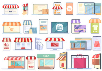 Online store icons set cartoon vector. Money shop. Retail sale