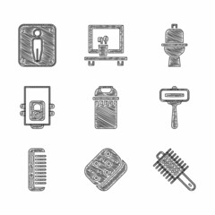 Set Trash can, Sponge, Hairbrush, Shaving razor, Gas boiler, Toilet bowl and Male toilet icon. Vector