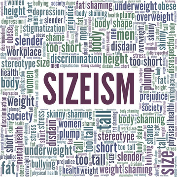 Sizeism vector illustration word cloud isolated on a white background.