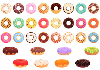 Donut icons set cartoon vector. Glaze doughnut. Chocolate cake