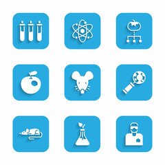 Set Experimental mouse, Plant breeding, Laboratory assistant, DNA research, search, Genetically modified apple, food and Reagent bottle icon. Vector