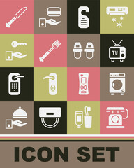 Set Telephone handset, Washer, Retro tv, Please do not disturb, Fork, Hotel door lock key, Knife and slippers icon. Vector