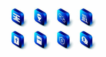 Set Location law, Handcuffs, Office folders, Law, Justice in shield, book, Holy bible and Prisoner icon. Vector