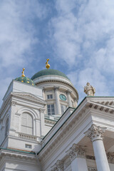 Fototapeta na wymiar Low angle view of Helsinki Cathedral (Finnish - Helsingin tuomiokirkko, Suurkirkko). The Finnish Evangelical Lutheran cathedral of the Diocese of Helsinki on a sunny summer day. 