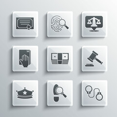 Set Footsteps, Handcuffs, Judge gavel, Bribe money cash, Police cap with cockade, Oath the Holy Bible, Certificate template and Scales of justice icon. Vector