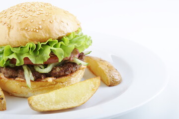 Fresh tasty burger isolated on white background