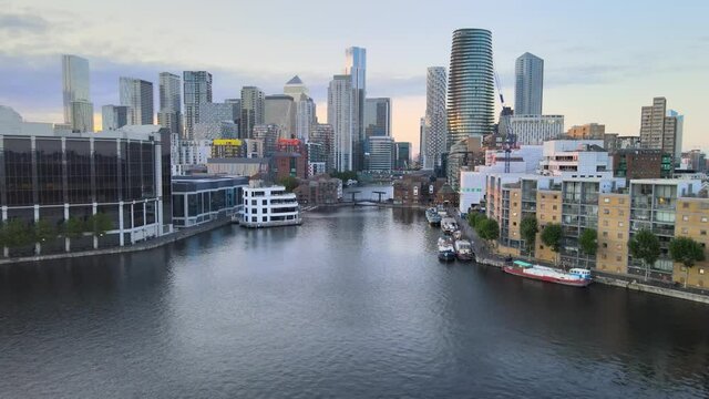 amazing view of modern financial business district. Group of skyscrapers in late afternoon light