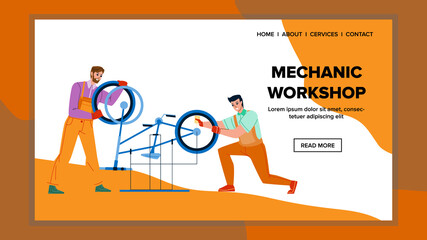 Mechanic Workshop Garage For Repair Bicycle Vector. Men Fixing Bike In Mechanic Workshop Service Together. Characters Repairman Maintenance With Instrument Web Flat Cartoon Illustration