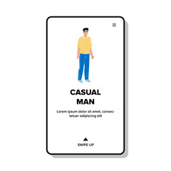 Fototapeta premium Casual Man With Positive Emotion Standing Vector. Smiling Young Casual Man In Stylish Clothing Standing Alone On Street. Character Guy Walking Outdoor Web Flat Cartoon Illustration