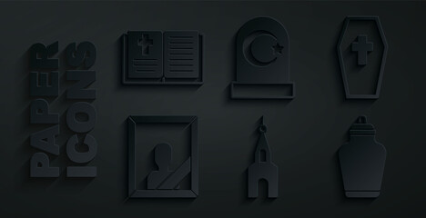 Set Church building, Coffin with cross, Mourning photo frame, Funeral, Muslim cemetery and Holy bible book icon. Vector