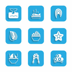 Set Caviar, Fish steak, Sushi on cutting board, Starfish, Shark fin soup, Mussel, and Whale tail ocean wave icon. Vector