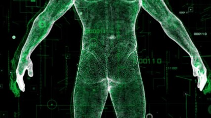 Digital binary code background and Virtual human body. Fly through abstract 3D rendering of a scientific technology data binary code network conveying connectivity, - Powered by Adobe