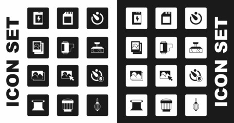 Set Camera timer, roll cartridge, Photo frame, Battery for camera, Softbox light, SD card, and icon. Vector