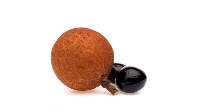 One longan fruit and one seed rotating on white background.