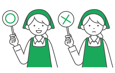 回答札を持つスーパーマーケットの女性店員