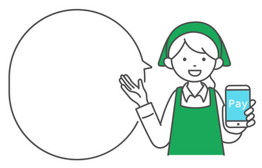 スマホ決済の説明をするスーパーマーケットの女性店員