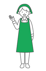 案内をするスーパーマーケットの女性店員の全身イラスト