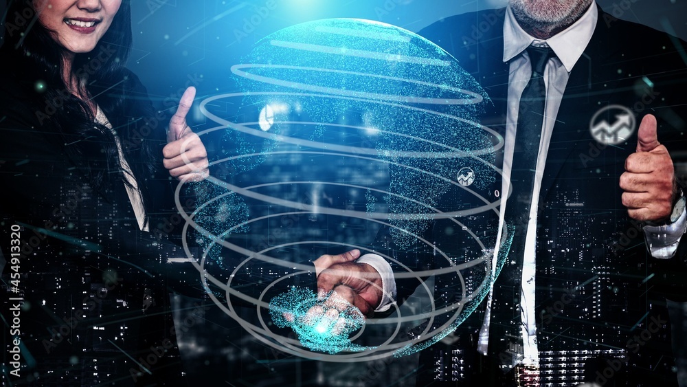 Poster conceptual business handshake with dashboard for financial data analysis . 3d render computer graphi