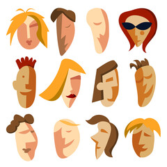 Stylized abstract faces of different people. Element set. Vector illustration.