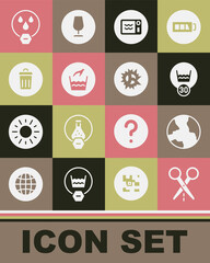 Fototapeta premium Set Scissors with cut line, Worldwide, Temperature wash, Microwave oven, Hand laundry, Trash can, Water drop forbidden and Bomb explosion icon. Vector