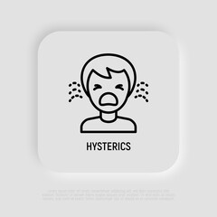 Human in hysterics, crying child thin line icon. Negative emotion. Modern vector illustration