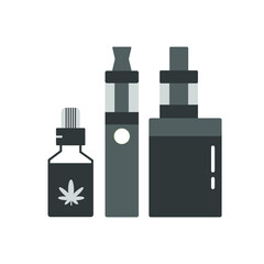 Hemp oil in a bottle. CBD oil cannabis extract. Medical marijuana. Vape pen. Vaping box. E-cigarette for vaping. small bottle with cannabis cbd hemp oil vector illustration.