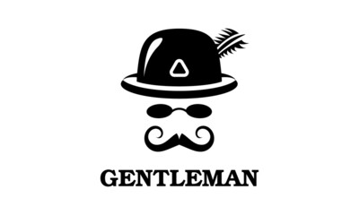 The design of the gentleman's logo is minimalistic mustache, glasses and a hat with a feather
