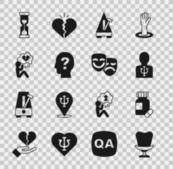 Set Armchair, Sedative pills, Psychology, Psi, Metronome with pendulum, Head question mark, Broken heart or divorce, Old hourglass and Comedy and tragedy masks icon. Vector