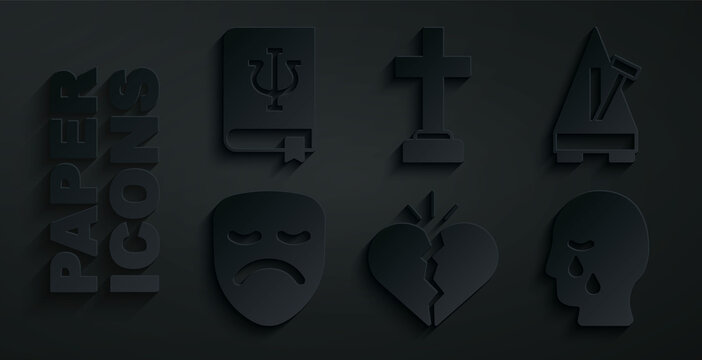 Set Broken heart or divorce, Metronome with pendulum, Drama theatrical mask, Man graves funeral sorrow, Graves and Psychology book, Psi icon. Vector