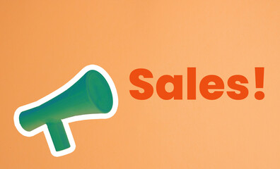 Green megaphone with white line and the word Sales against orange background. Advertisement idea. Minimal banner ad concept. Abstract Background Art