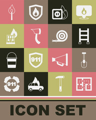 Set Evacuation plan, Fire shovel, escape, Electric wiring of socket in fire, Firefighter axe, burning building, Burning match with and hose reel icon. Vector