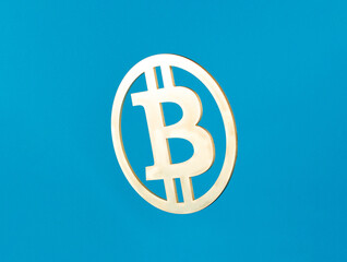 Bitcoin logo icon isolated close-up on blue background. Bitcoin mining business concept and virtual cryptocurrency symbol. 3D illustration Background Business Idea.