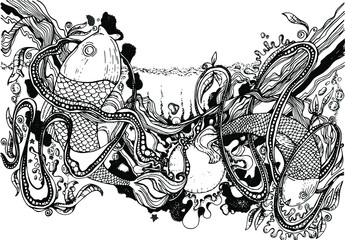 vector illustration,two fish,water,spray,sun and algae,bubbles,tattoo,black liner,postcard