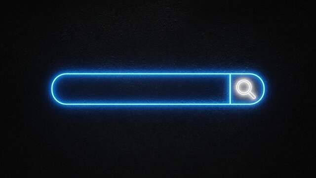Blank blue neon search bar icon. Web search illustration concept. 3d illustration blue neon on black background design.