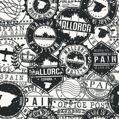 Majorca, Balearic Islands, Spain Stamps Background. A City Stamp Vector Art. Set of Postal Passport Travel. Design Set Pattern.