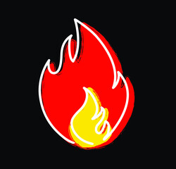 Cartoon, fire or flame pictogram. Fire drawn in one stroke or line pattern. Funny flat vector flames icon. Drawing burn, bonfire, campfire banner. Flame tattoo tribal logo. Burns sign.