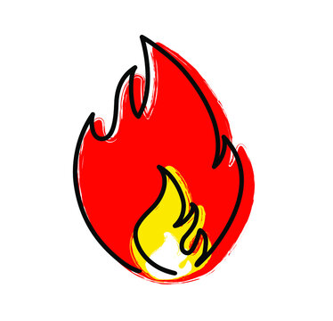 Cartoon, fire or flame pictogram. Fire drawn in one stroke or line pattern. Funny flat vector flames icon. Drawing burn, bonfire, campfire banner. Flame tattoo tribal logo. Burns sign.