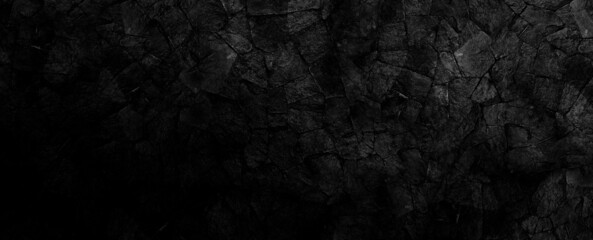 Dark Rock Texture With Cracks. Black Stone Background With Copy Space For Design. Wide Banner Wallpaper