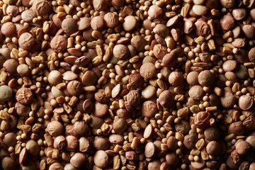 Seed background and texture: lentil, fenugreek hay, yellow mustard. Close up. Top view, flat lay. Copy space