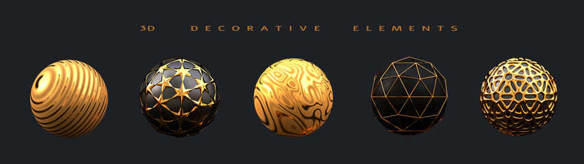 Festive 3D black and gold spheres on a black background. Set of 3d balls isolated. 3d realistic illustration rendering