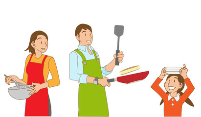 なかよくホットケーキを焼く家族