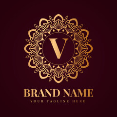 Gold color luxury letter v brand logo design template