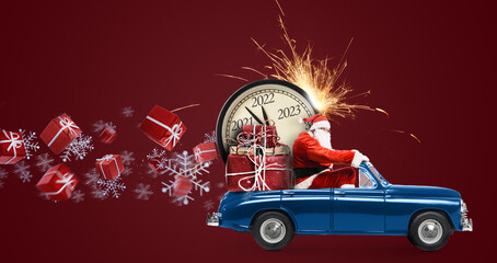 Christmas is coming. Santa Claus on toy car delivering New Year 2022 gifts and countdown clock at red background with fireworks