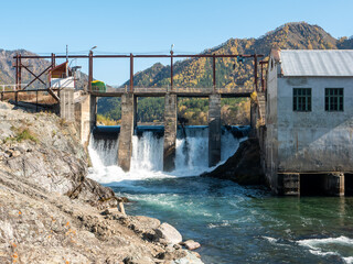Chemal hydroelectric power station. View of the Katun river. Chemal, Altai Republic, Russia.