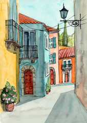 Watercolor illustration of a small and cozy European town street with colorful houses under the blue sky
