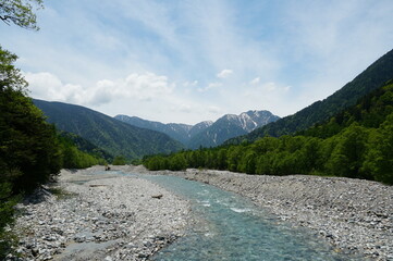 上高地へ。空は大気圏、山々がそそり立つ。 光を受けた空が青く光っている。