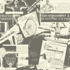 Seamless pattern of cut-out articles from retro newspapers. With a collage of newspaper clippings, vintage items and unreadable text.