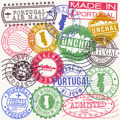 Funchal, Portugal Set of Stamps. Travel Stamp. Made In Product. Design Seals Old Style Insignia. - obrazy, fototapety, plakaty