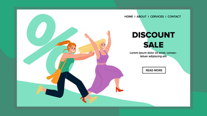 Discount Sale Event Running Girls Customers Vector. Young Women Running On Discount Sale In Clothing Fashion Shop Mall. Characters Clients Season Selling Web Flat Cartoon Illustration